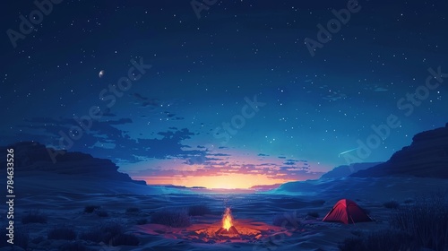 Travel and Exploration  A 3D vector illustration of a traveler camping under the stars in a desert