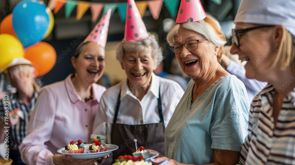 Several senior women are gathered around a large cake, chatting and smiling during a celebration or party Several senior women are gathered around a large cake, chatting and smiling during a celebration or party