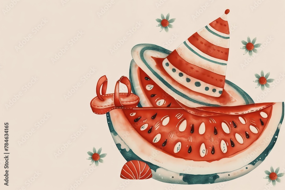 A watermelon slice wears a sun hat and sandals, its rind acting as a comfy seat, observed in summerfun closeup