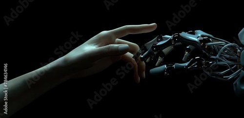 The direct contact between the robot arm and the skin arm of artificial intelligence technology, the future scene of scientific and technological elements © SHI