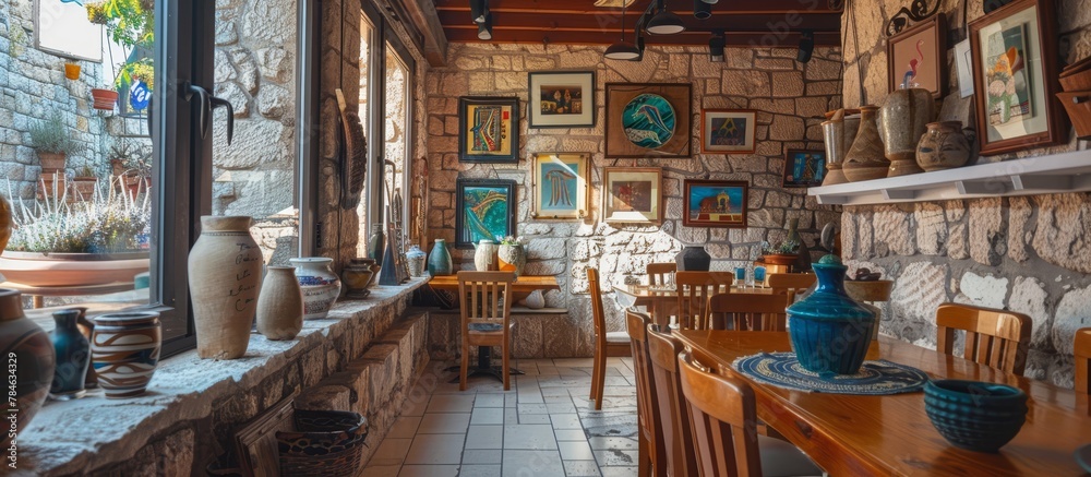 Local artwork and pottery showcase Croatian craftsmanship in Mediterranean-style cafes.