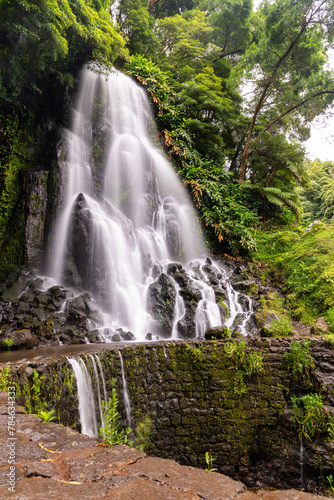 Waterfall in Parque Natural da Ribeira dos Caldeiroes in Sao Miguel Island  Azores