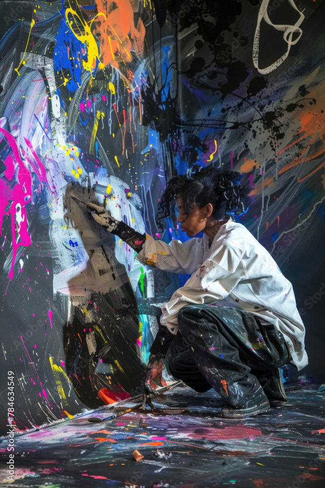 A young artist is kneeling on the ground, focused on adding colorful strokes to an abstract canvas in a studio
