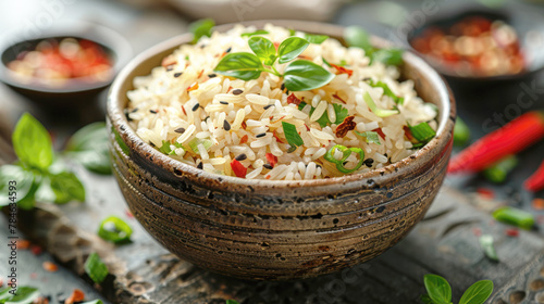 Close-up of a dish of boiled basmati rice, food photography. photo