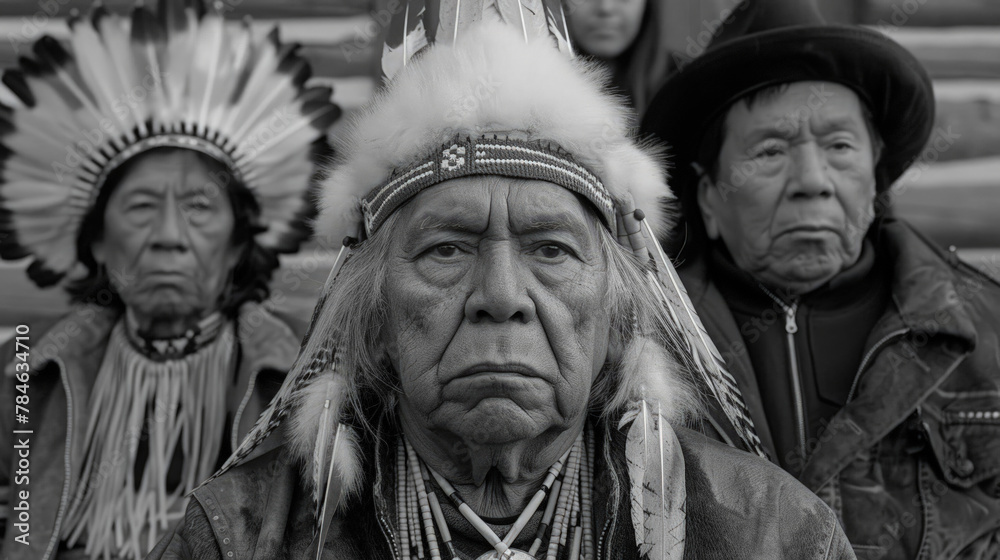 Fototapeta premium A group of Native Americans standing in close proximity to each other, showcasing traditional attire and cultural unity