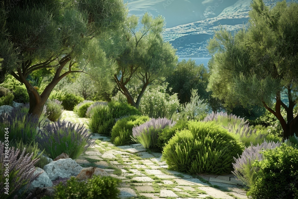 Obraz premium Lush greenery with olive trees, lavender, and rosemary, evoking a serene Mediterranean garden in Greece