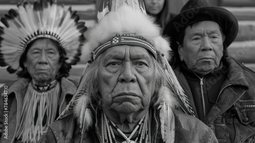 A group of Native Americans standing in close proximity to each other, showcasing traditional attire and cultural unity
