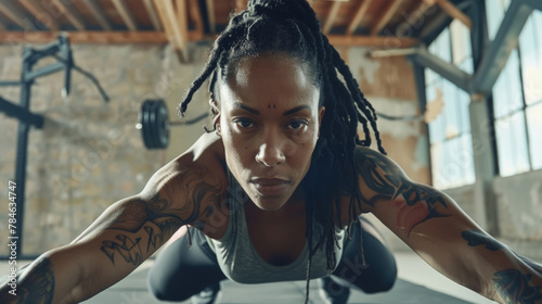 A woman with dreadlocks is demonstrating strength and fitness by performing a push up exercise