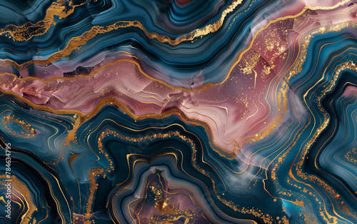 Ripple pattern layers of agate and marble background in gold, pink and blue color. 