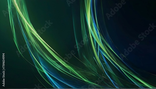 Abstract, line swoosh forms, sharp focus, green and blue light going different directions, green background, Transparente, iridiscente, circular, translúcidos