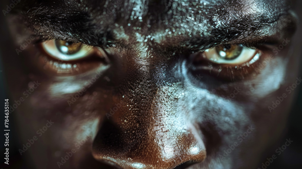 A close-up shot capturing the face of a man with striking yellow eyes A close-up shot capturing the face of a man with striking yellow eyes