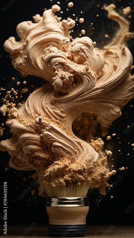 A makeup brush with powder creates a dynamic explosion, capturing the energy and motion of cosmetic artistry A makeup brush with powder creates a dynamic explosion, capturing the energy and motion of cosmetic artistry