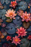 A cluster of pink water lilies and lily pads grace the tranquil pond