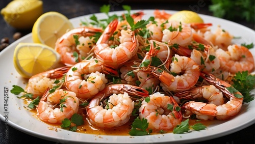 A plate filled with succulent shrimp garnished with fresh herbs and lemon wedges, prepared for a savory seafood meal