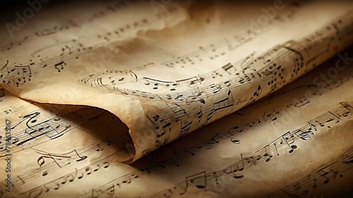 An old music sheet displaying musical notes with a classic vintage vibe © ArtistiKa