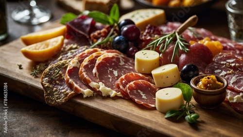 An array of gourmet smoked meats, artisan cheeses, and fresh fruits artistically arranged on a wooden board