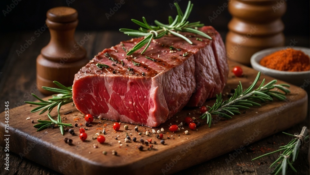 Succulent raw beef steak with rosemary, peppercorns, and spices on a rustic wooden cutting board