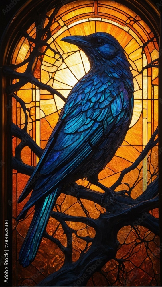 This piece showcases a raven perched on a branch, set against a sunset, all depicted in a stained glass style This piece showcases a raven perched on a branch, set against a sunset, all depicted in a stained glass style