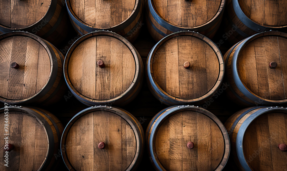 Background of stacked wooden storage barrels.