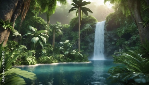 奥に滝の見える、熱帯の植物の森のイメージ photo