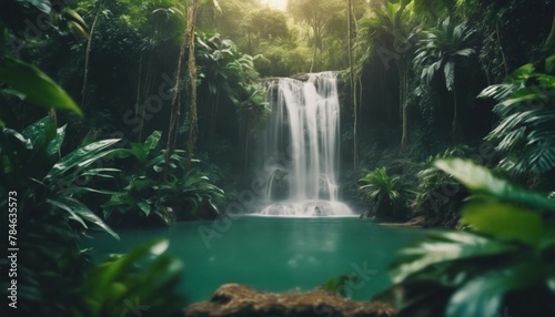 奥に滝の見える、熱帯の植物の森のイメージ