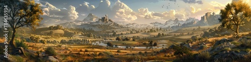 Fantasy Castle in Autumnal RPG Landscape for Game Design and Storytelling Backgrounds photo