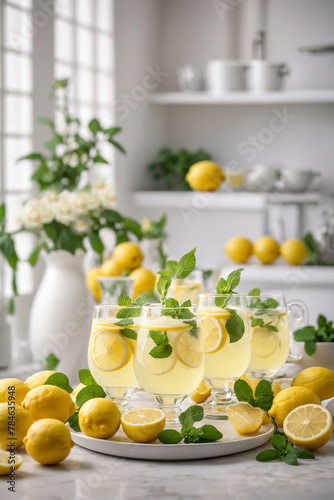 Lemonade. Summer refreshing citrus lemon drink, beverage or cocktail with lemon juice and fresh mint.