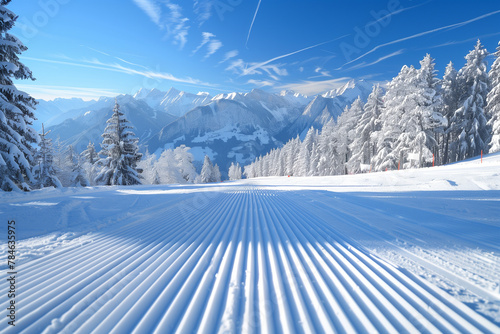 Skiing in beautiful sunny Austrian Alps on an empty ski slope on a sunny winter day photo