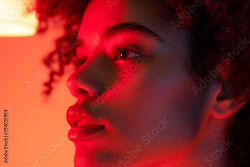 Face of a young attractive woman undergoing red light therapy, close up photo