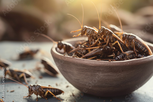 A bowl of crickets on a table - concept of eating insectes, a trendy source of protein photo