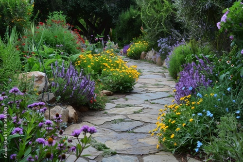 Paved pathways bordered by colorful flowers and herbs for a fragrant Mediterranean garden atmosphere.