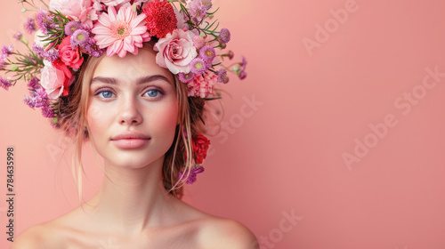 A radiant young woman adorned with a vibrant flower crown, embodying the essence of strength, beauty, and grace, celebrates International Women's Day, copy space.