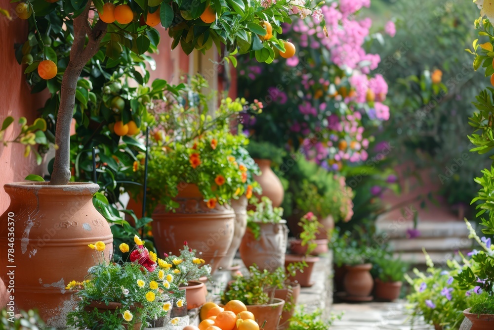 Terracotta pots and urns filled with citrus trees and vibrant blooms complementing the Greek garden.