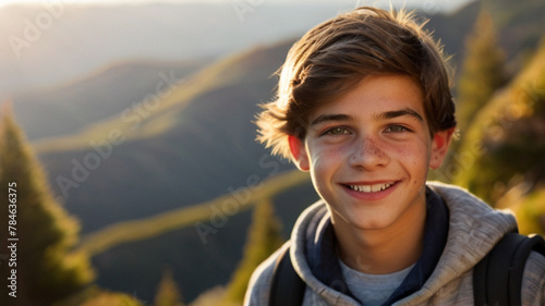Happy teenager boy spending time outdoor, hiking and exploring nature #784636375