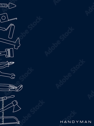 Professional handyman services. Vector vertical banner template  with tools collection and text space.  Set of repair tools on dark blue background for your design. EPS10.