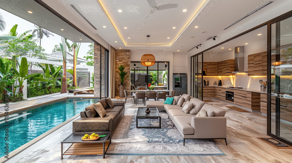 Fototapeta premium Real estate Luxury interior design pool villa in kitchen and living room area which feature island counter and furniture. 