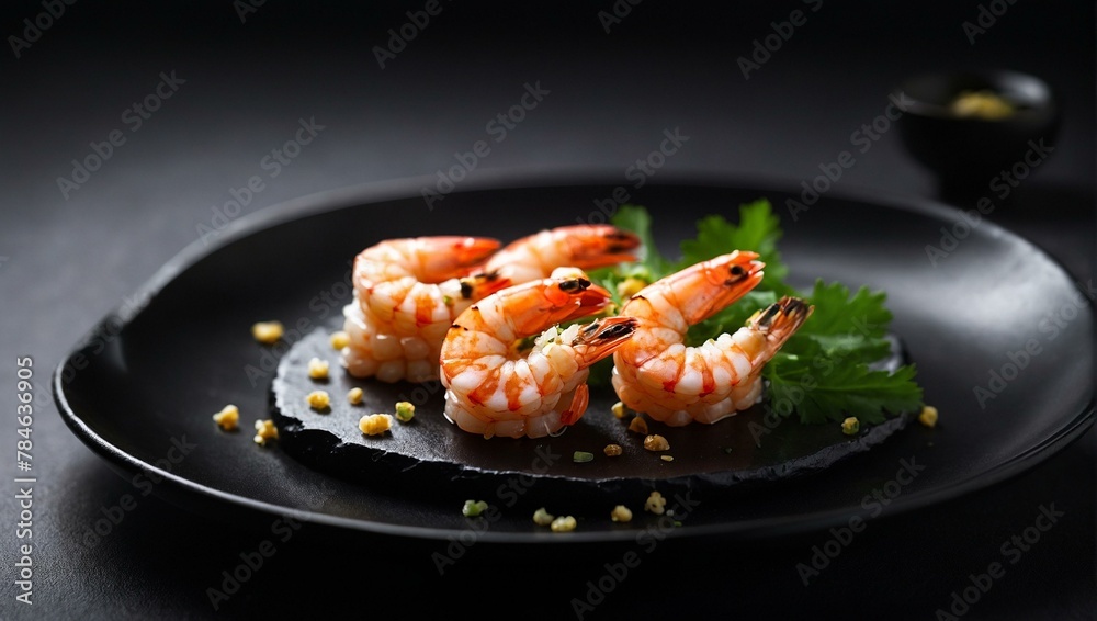 Succulent cooked shrimp elegantly presented on a sleek black plate, garnished with parsley, ideal for culinary concepts or gourmet dining Succulent cooked shrimp elegantly presented on a sleek black plate, garnished with parsley, ideal for culinary concepts or gourmet dining