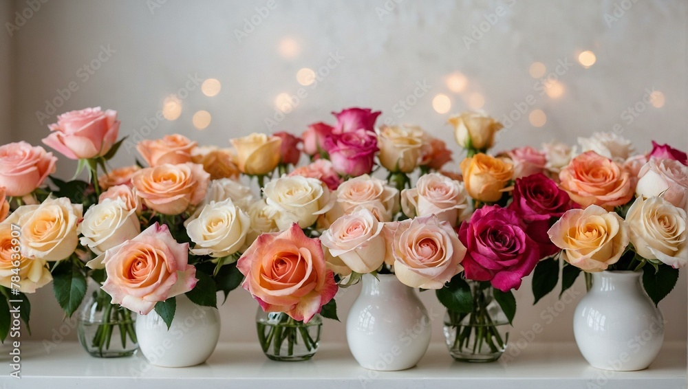 Beautiful assorted roses in soft pastels placed in simple vases, accented with twinkling background lights Beautiful assorted roses in soft pastels placed in simple vases, accented with twinkling background lights