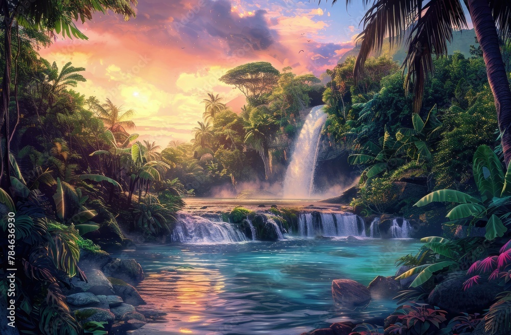 Tropical Rainforest Waterfall at Sunset - Natural Landscape for Relaxation and Adventure Tropical Rainforest Waterfall at Sunset - Natural Landscape for Relaxation and Adventure