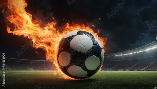 A dynamically edited image showing a soccer ball on fire in a stadium, symbolizing passion and energy in sports