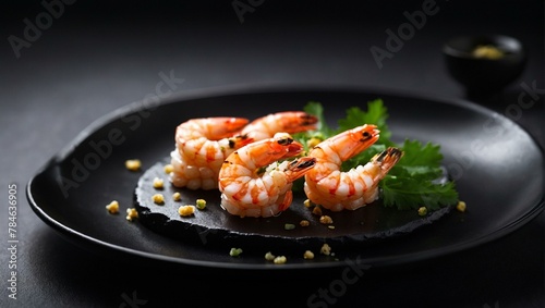 Succulent cooked shrimp elegantly presented on a sleek black plate, garnished with parsley, ideal for culinary concepts or gourmet dining