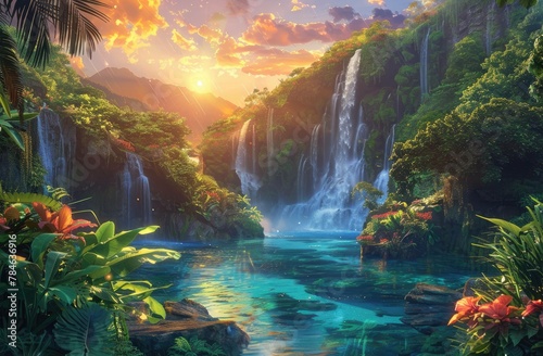 Tropical Rainforest Waterfall at Sunset - Natural Landscape for Relaxation and Adventure