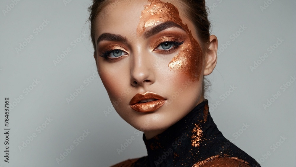 High-fashion model with striking golden makeup and elegant black dress exudes opulence and creativity