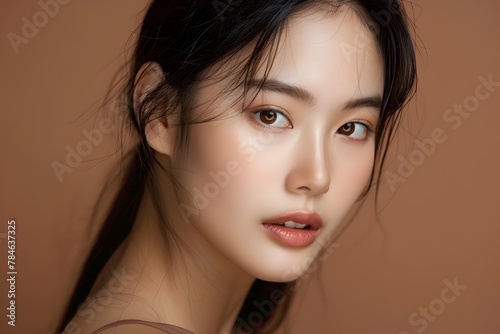 Young Asian Woman Radiating Health and Beauty in Skincare Portrait with Natural Hair Texture