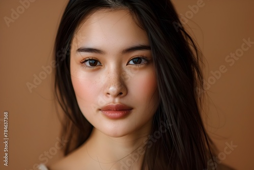 Assertive Asian Woman Showcasing Healthy Natural Hair and Radiant Beauty in Studio Portrait