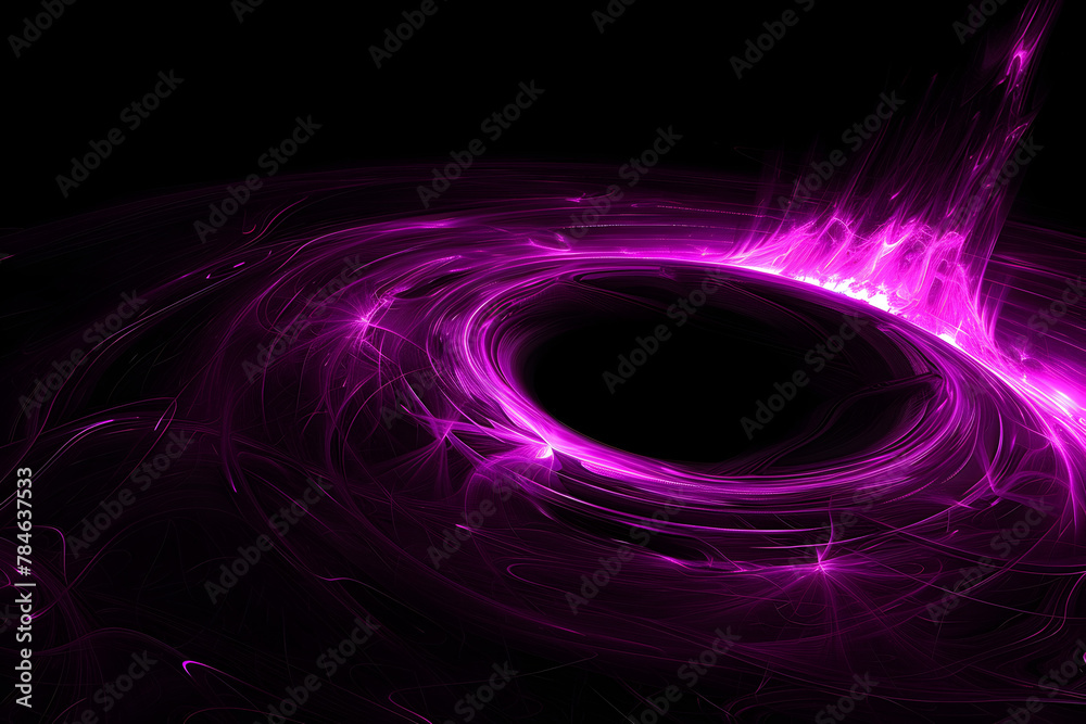 Eerie neon dimension with purple portals and swirling vortexes isolated on black background.
