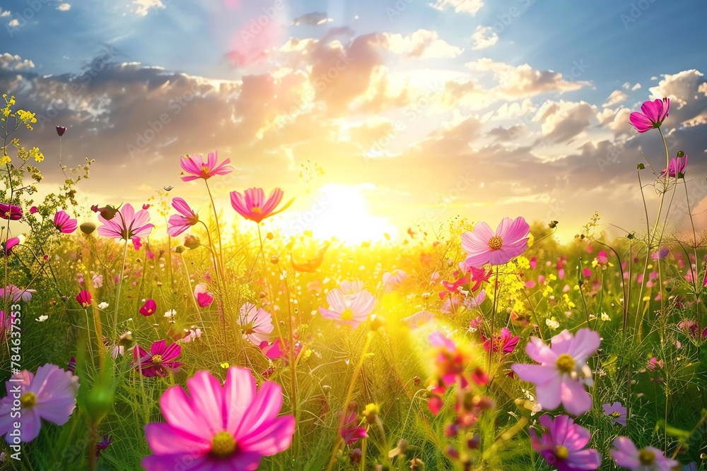 Beautiful colorful flowers in the field with a sunrise