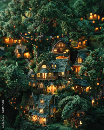 An intricately detailed image depicting charming tree houses adorned with lights nestled among lush greenery. 