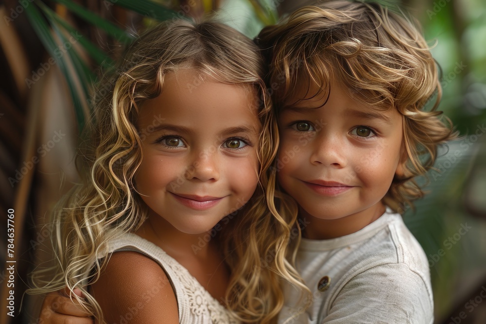 Two happy smiling children little girl and little boy in white summer clothes hugging in tropical green house among palm leaves. Friendship, linen clothing, environmental friendliness.
