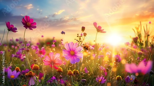 Beautiful colorful flowers in the field with a sunrise © rajagambar99